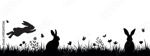 Silhouettes of hares in spring grass with flowers and butterflies, Easter nature border with dynamic hares on a meadow, decorative horizontal background for cards, seasonal design and holiday banners