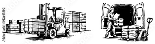 Logistics and supply chain scenes with forklift and delivery van in vintage woodcut style