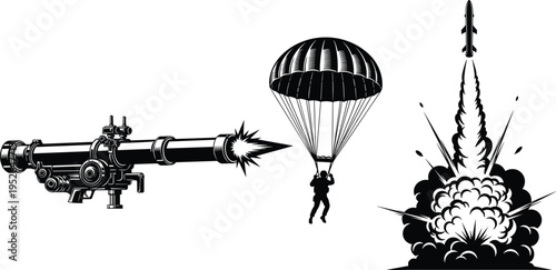 Black and white of a soldier parachuting away from a missile explosion parachute