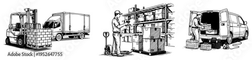 Logistics and shipping operations with forklift trucks and warehouse workers in woodcut engraving style