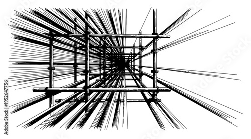 Vintage engraving of a complex metal scaffolding structure for building construction in perspective