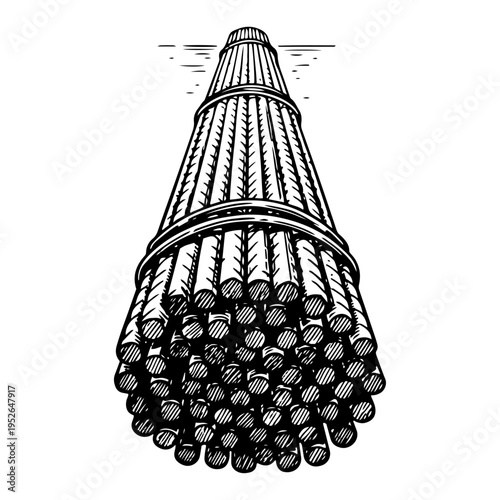 Bundle of steel reinforcement rebar for concrete building structures in vintage woodcut style