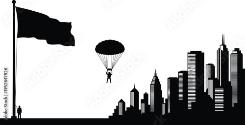 Black silhouette of parachuter over city skyline with flag