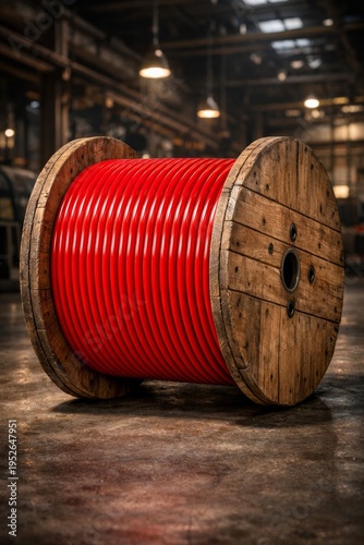 Wallpaper Mural Warehouse Scene Featuring Sizable Wooden Cable Reel Illuminated Overhead With Machinery Reflections Torontodigital.ca
