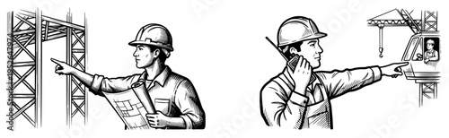 Professional construction engineers and supervisors coordinating work at a building site in vintage woodcut style