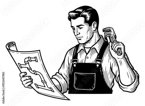 Professional plumber reviewing technical plumbing schematics while holding a wrench in vintage woodcut style