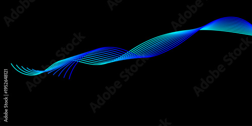 An abstract colorful vector illustration of fish flowing through blue sea waves with digital lines and light patterns creating a motion texture design