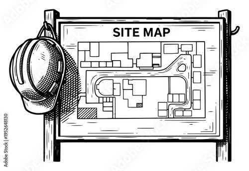 Vintage hand drawn engraving of a construction site map board with a hanging safety hard hat