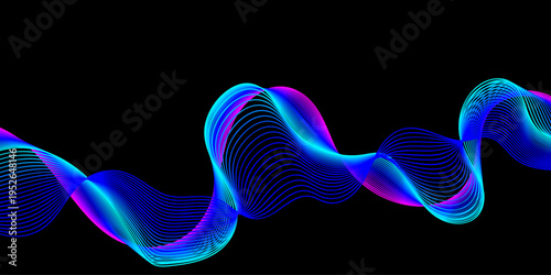 A smooth flowing abstract blue background features a swirl of light and fractal waves in a curved motion design with a black smoke effect