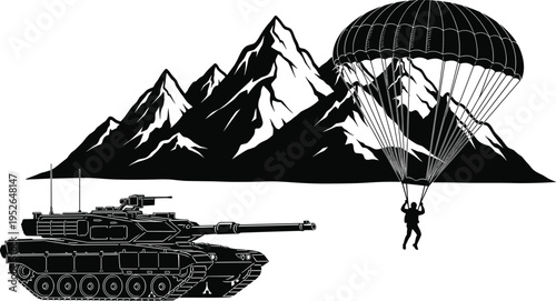 Black silhouette of soldier parachuting with tank and mountain range white parachute
