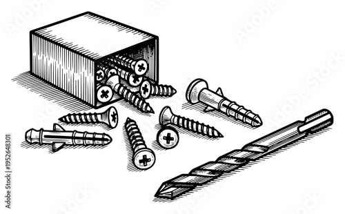 Vintage hand drawn engraving of a box of screws wall plugs and a drill bit for construction