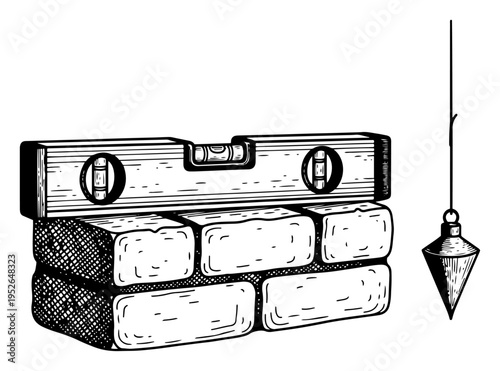 Vintage engraving of a bubble level on bricks and a plumb bob tool for masonry work