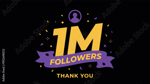 Social media milestone one million followers thank you celebration graphic with yellow and purple text on black background