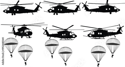 Black silhouettes of helicopters and parachuters on white background 1