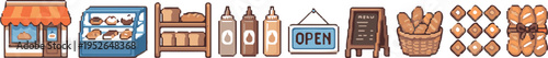 Pixel art bakery icons including storefront, shelves, bottles, sign, basket, and pastries, in a colorful 8-bit style for web or game design, evoking a nostalgic and playful feel.