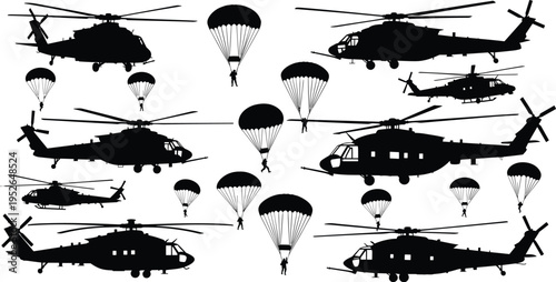 Black silhouettes of helicopters and parachutes on white background