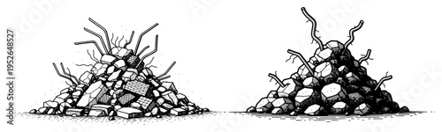 Vintage hand drawn engraving of construction rubble and debris piles with rebar and broken concrete