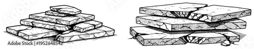Vintage hand drawn engraving of stacked concrete slabs and broken paving stones for construction