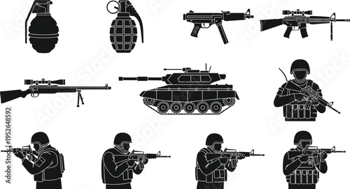 Black silhouettes of military and soldiers on white background 1