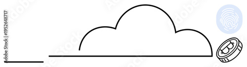 Cloud security, digital authentication, cryptocurrency, decentralized storage, online safety, blockchain technology. Outline of a cloud, fingerprint icon and cryptocurrency coin. Cloud security