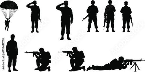 Black silhouettes of soldiers in various combat positions and actions military
