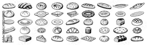 Large variety of bakery products and different types of bread in vintage woodcut engraving style