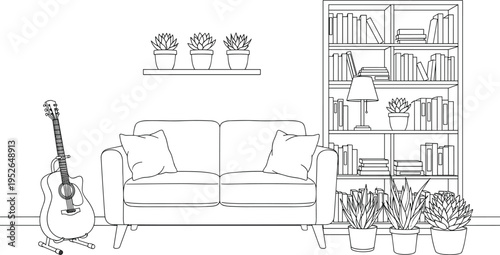 Line of a living room with a couch guitar bookshelf and plants line living room