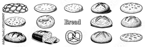 Hand drawn vintage engraving collection of various bakery products and different types of bread