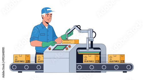 Automation in Action: A worker oversees a robotic arm efficiently packaging boxes on a factory assembly line, representing modern manufacturing and precision.