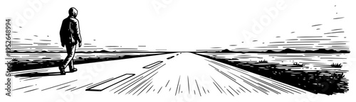 Vintage hand drawn engraving of a lonely man walking along an endless road in perspective view