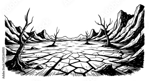 Desert wilderness with cracked parched ground and dead trees in vintage woodcut style