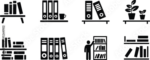 Office supplies and books on shelves with a person