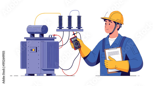 Engineer at Work: An engineer, diligently focused, conducts a comprehensive inspection of intricate electrical systems, equipped with essential tools for the task.