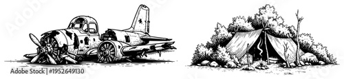Set of adventure scenes featuring a crashed airplane and a forest survival camp in woodcut style