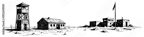 Collection of abandoned desert structures including a watchtower and a bunker in vintage woodcut style