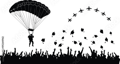 Parachuter descends over crowd celebrating with graduation caps people