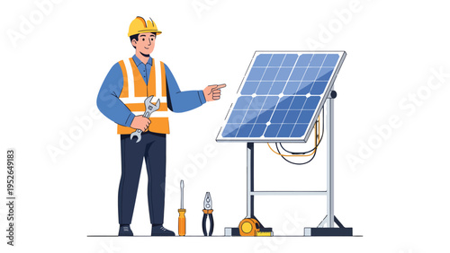 Solar Panel Technician: A skilled technician, equipped with tools, assesses and points at a solar panel, embodying the essence of renewable energy and sustainable living. 
