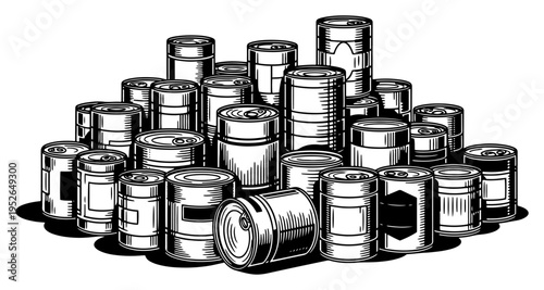 Vintage hand drawn engraving of a large pile of industrial metal barrels and chemical drums