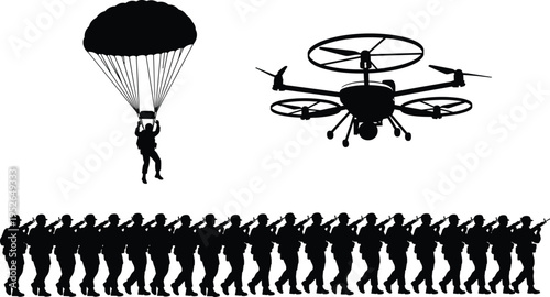 Silhouette of soldier parachuting drone flying and line of soldiers marching parachute silhouettes