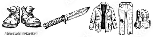 Collection of survival gear and worn out clothing in vintage woodcut engraving style