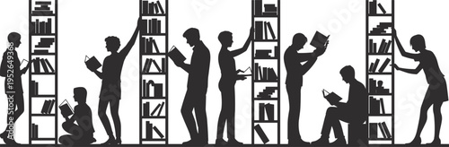 Silhouettes of people reading and arranging books on tall shelves