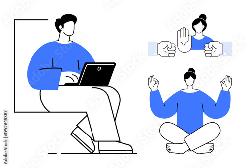Workplace balance, mindfulness, remote work, digital lifestyle, stress relief, meditation. Male figure with a laptop and hands gesturing stop and calm. Digital lifestyle and stress relief concept