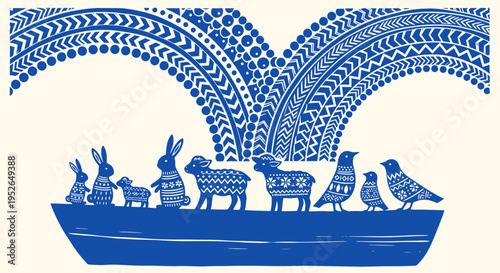 Whimsical blue and white folk art illustration of a rowboat filled with stylized easter animals and birds surrounded by decorative ornamental patterns evoking a festive spring