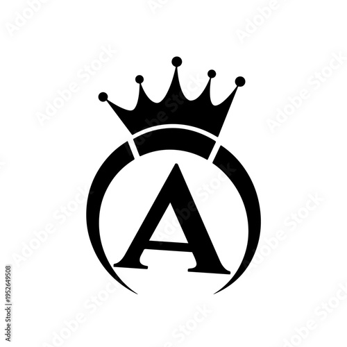 Black Letter A Logo Design with Royal Crown and Circular Frame, Modern Luxury Monogram Letter A with Crown Icon for Premium Branding