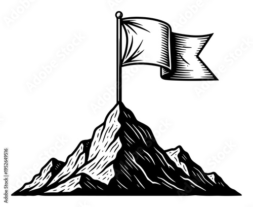 Vintage hand drawn engraving of a flag planted on the summit of a high mountain peak