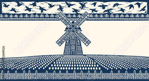 Traditional dutch windmill with large sails stands in a field of crops under a sky filled with flying birds evoking rural charm and historic european countryside aesthetics