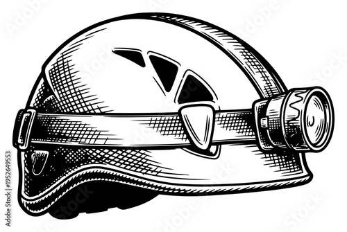 Professional safety helmet with attached headlamp for climbing or mining in vintage woodcut style