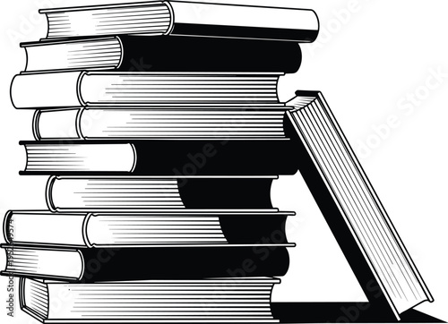 Stack of books with one book leaning on the side leaning book black and white line book spines