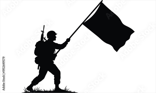A silhouette of a soldier holding a flag in a victorious stance on grass