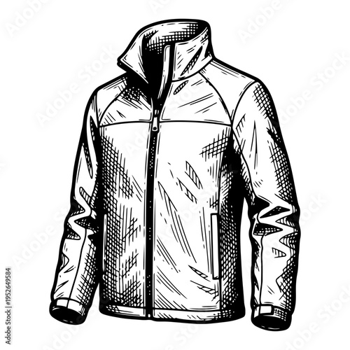 Technical outdoor sports jacket for hiking and mountaineering in vintage woodcut engraving style